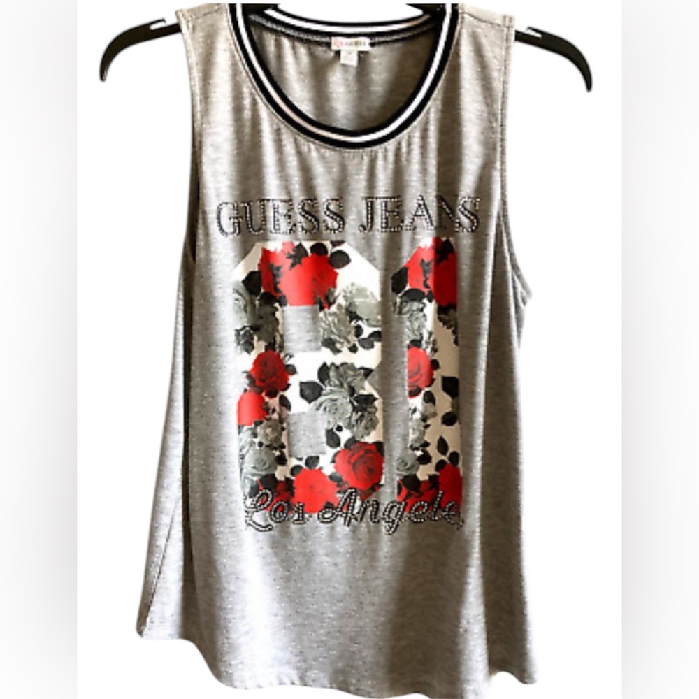 •GUESS•GRAY GUESS JEANS RED & BLACK TANK TOP W/FLORAL DESIGN SIZE SMALL EUC